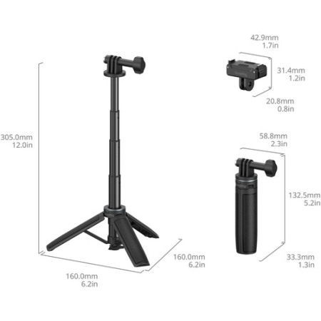 SmallRig 6149 - mini statyw i selfie stick (2w1) do kamer sportowych z adapterem mocowania do DJI Osmo Action 6 / Nano - wymiary